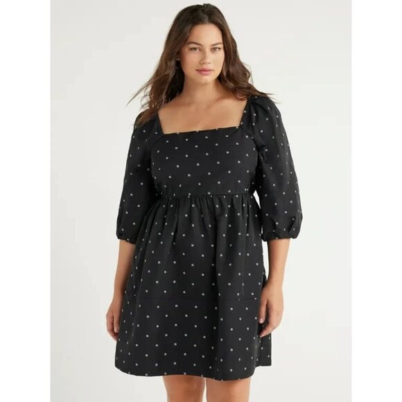 NWT Free Assembly Square Neck 3/4 Sleeve Dress, Blk/Wht Print MED Recycled! $34 - Picture 4 of 10